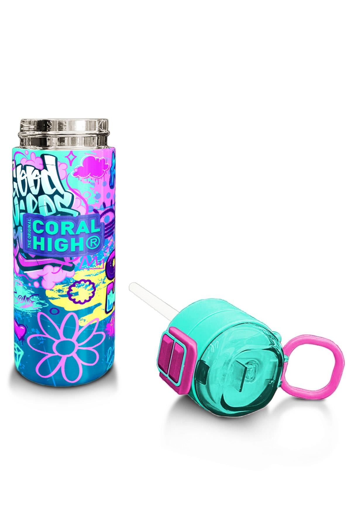 Coral High Kids Lavanta Su Yeşili Grafiti Desenli Pipetli ve Direkt İçim Çelik Termos 500 ml 31971