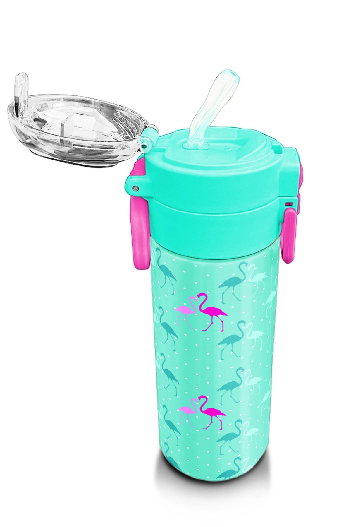 Coral High Kids Su Yeşili Neon Pembe Flamingo Desenli Pipetli ve Direkt İçim Çelik Termos 500 ml 31904