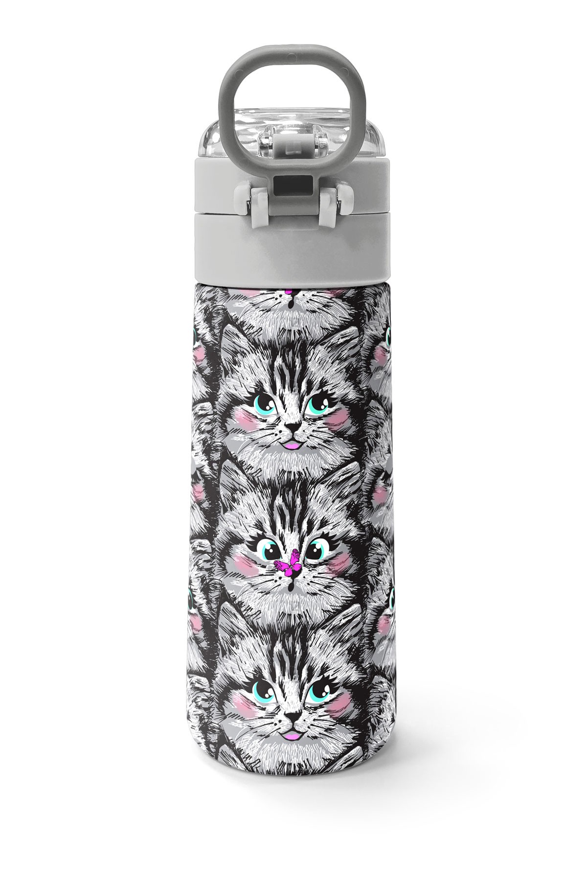 Coral High Kids Gri Kedi Desenli Pipetli ve Direkt İçim Çelik Termos 500 ml 31851