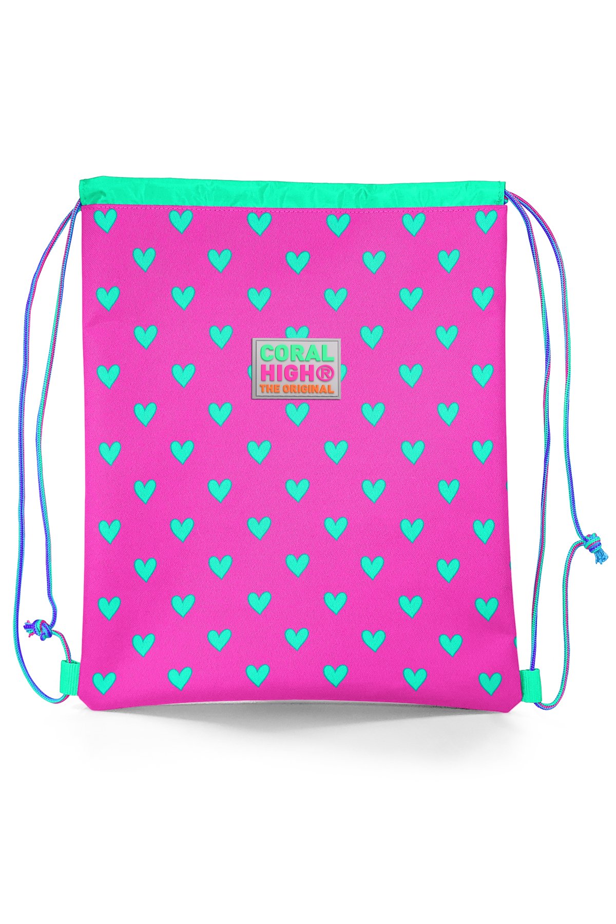 Coral High Kids Neon Pembe Su Yeşili Kalp Desenli İpli Büzgülü Sırt Çantası 22451