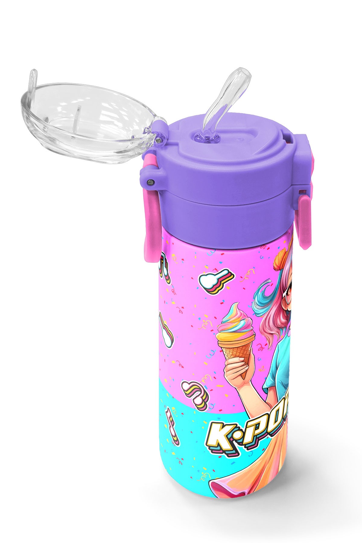 Coral High Kids Pembe Turkuaz K-Pop Desenli Pipetli ve Direkt İçim Çelik Termos 500 ml 31865