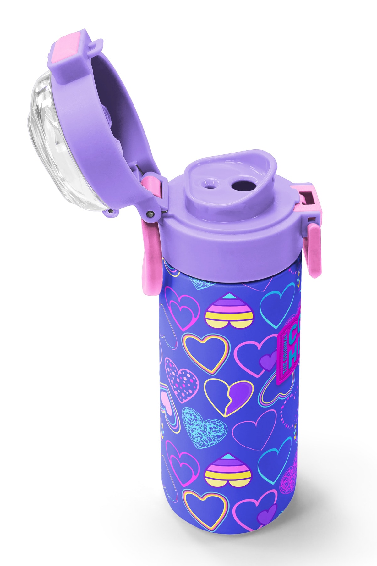Coral High Kids Açık Pembe Lavanta Kalp Desenli Pipetli ve Direkt İçim Çelik Termos 500 ml 31977