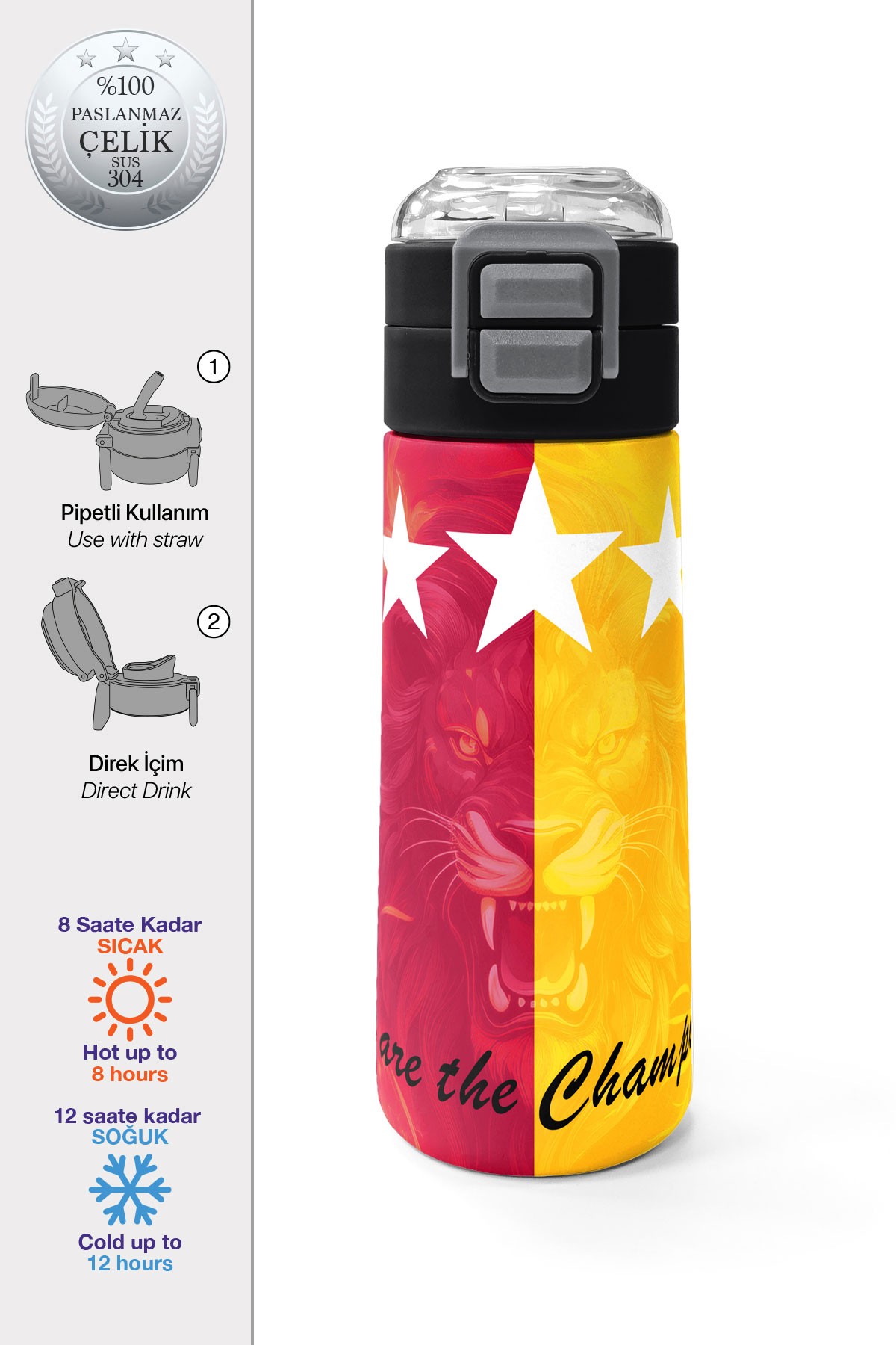 Coral High Kids Sarı Kırmızı 5 Yıldız Aslan Taraftar Desenli Pipetli ve Direkt İçim Çelik Termos 500 ml 31792