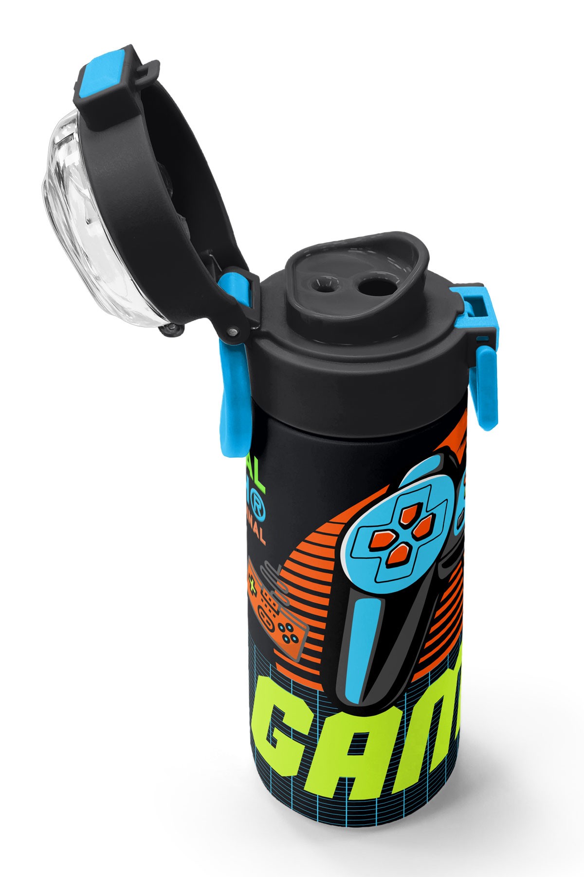 Coral High Kids Gri Turuncu Gamer Desenli Pipetli ve Direkt İçim Çelik Termos 500 ml 31947