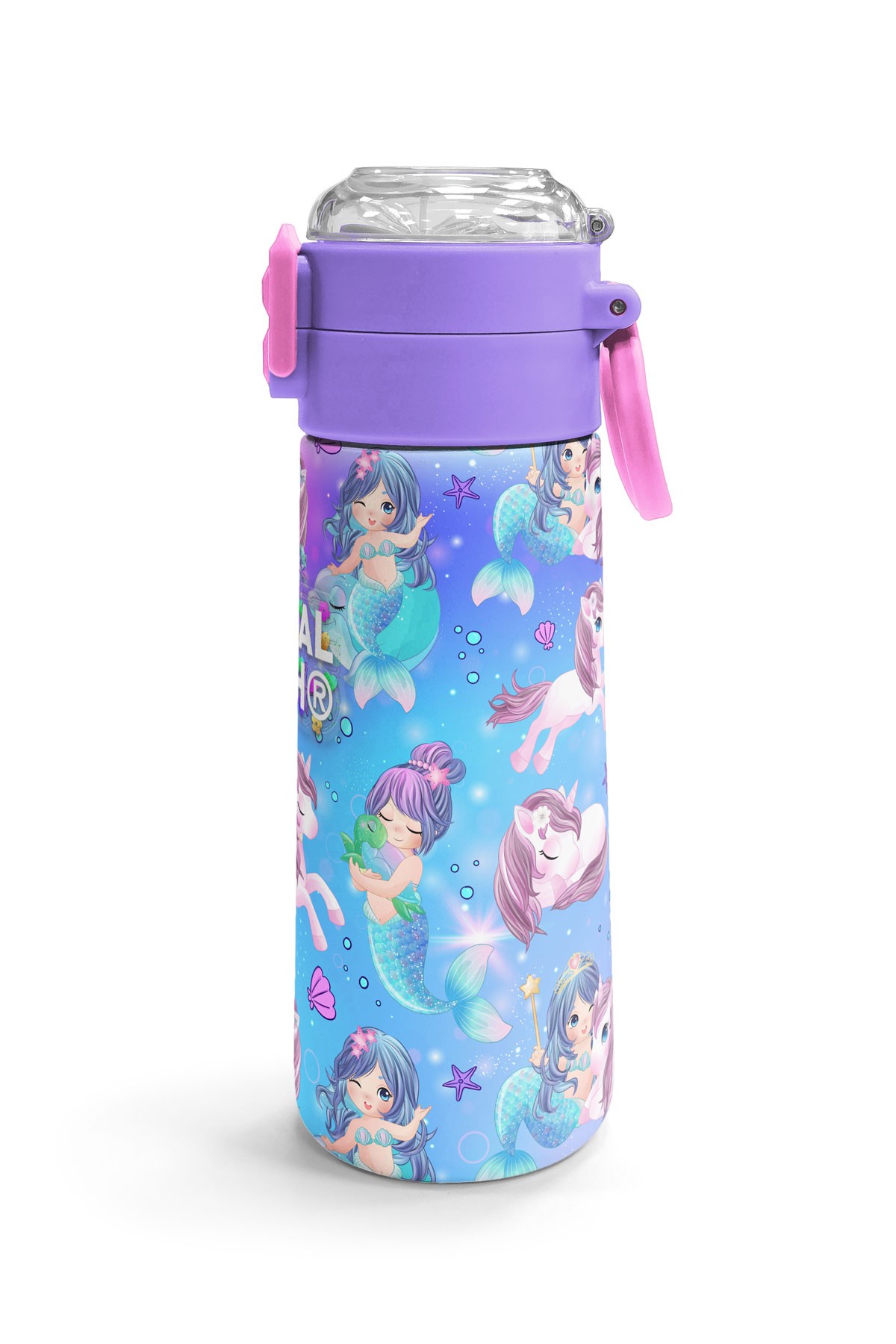 Coral High Kids Mor Pembe Unicorn Deniz Kızı Desenli Pipetli ve Direkt İçim Çelik Termos 500 ml 31982