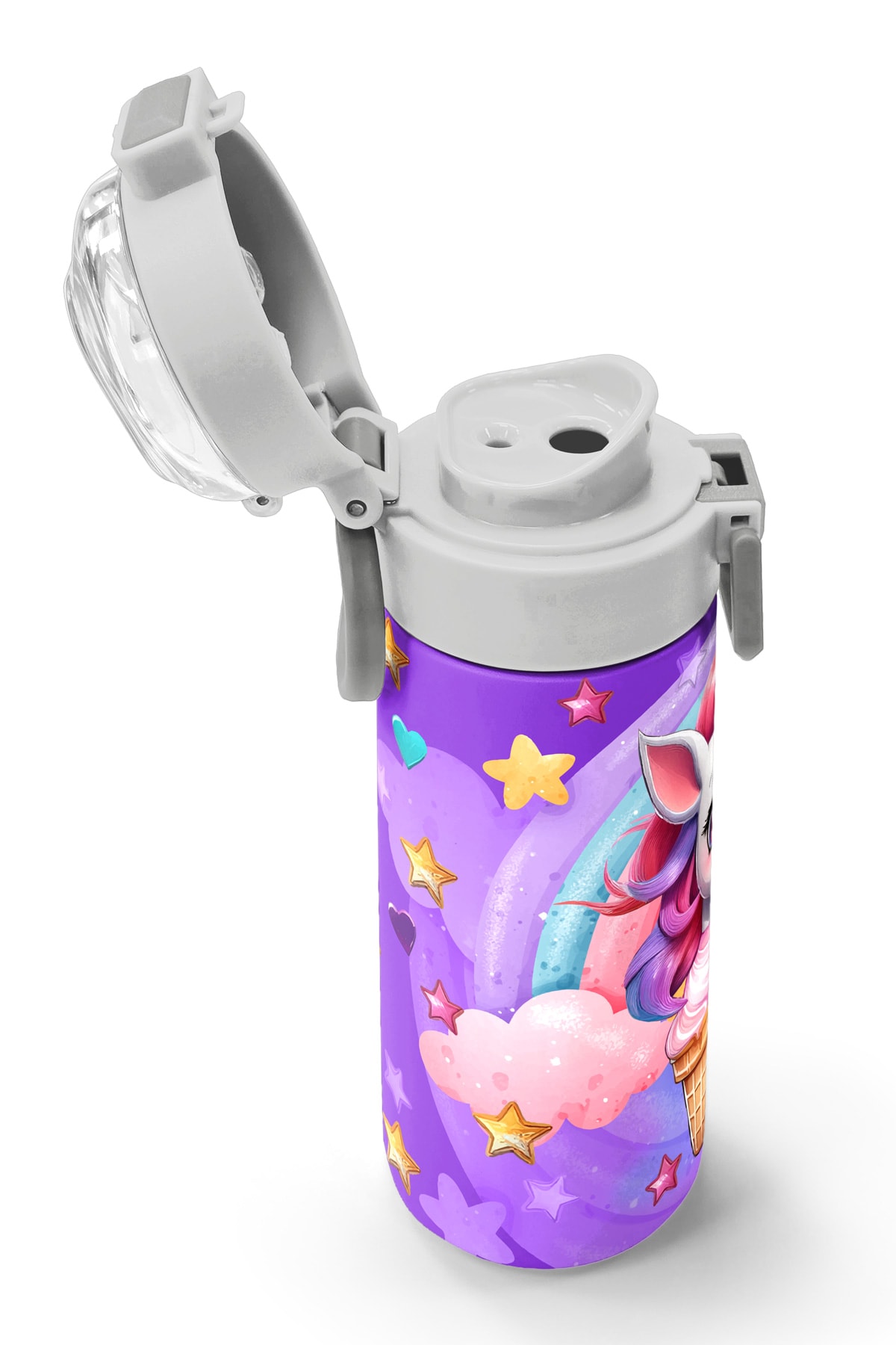 Coral High Kids Mor Pembe Unicorn Dondurma Desenli Pipetli ve Direkt İçim Çelik Termos 500 ml 31859