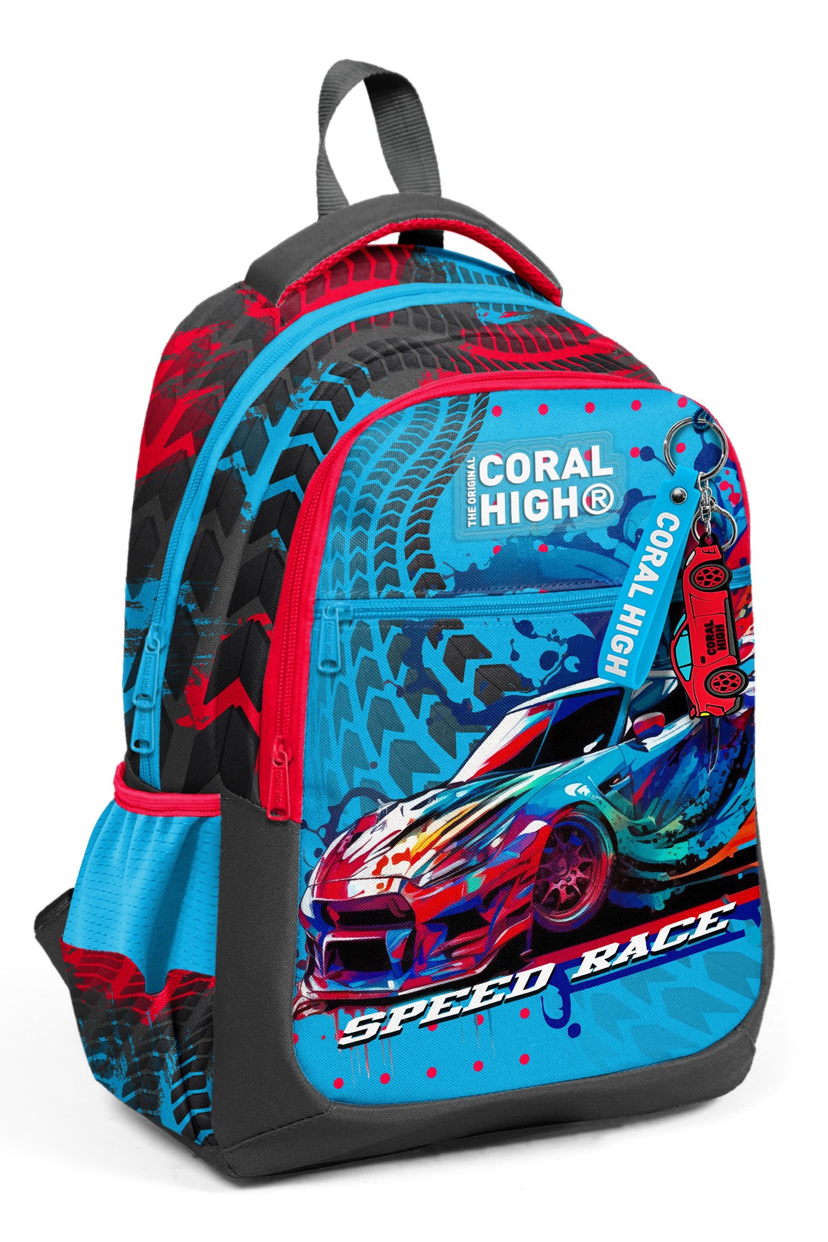 Coral High Kids Gri Mavi Yarış Arabası Desenli Üç Bölmeli Okul Sırt Çantası 23652