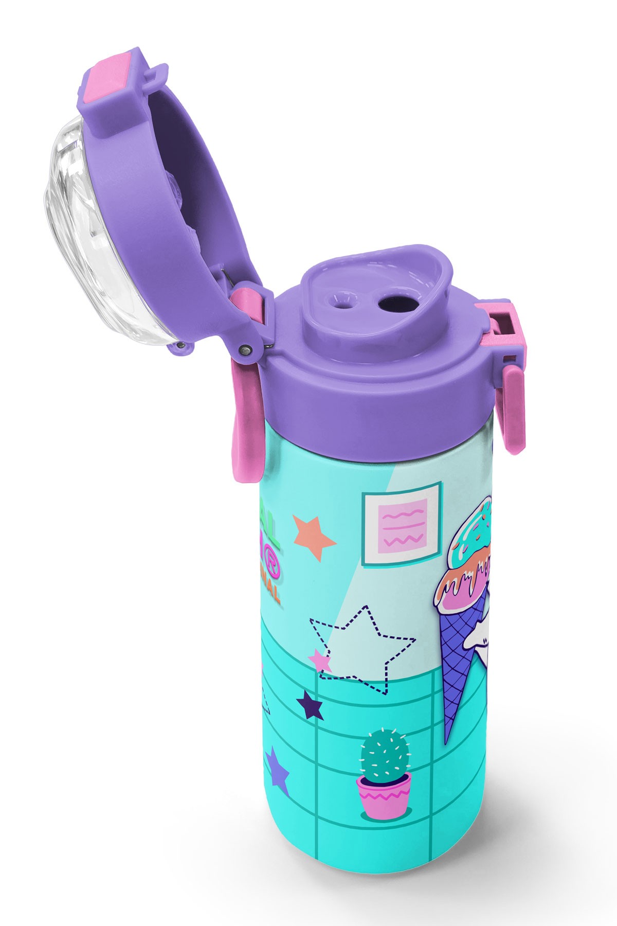 Coral High Kids Turkuaz Pembe Dondurmalı Desenli Pipetli ve Direkt İçim Çelik Termos 500 ml 31952