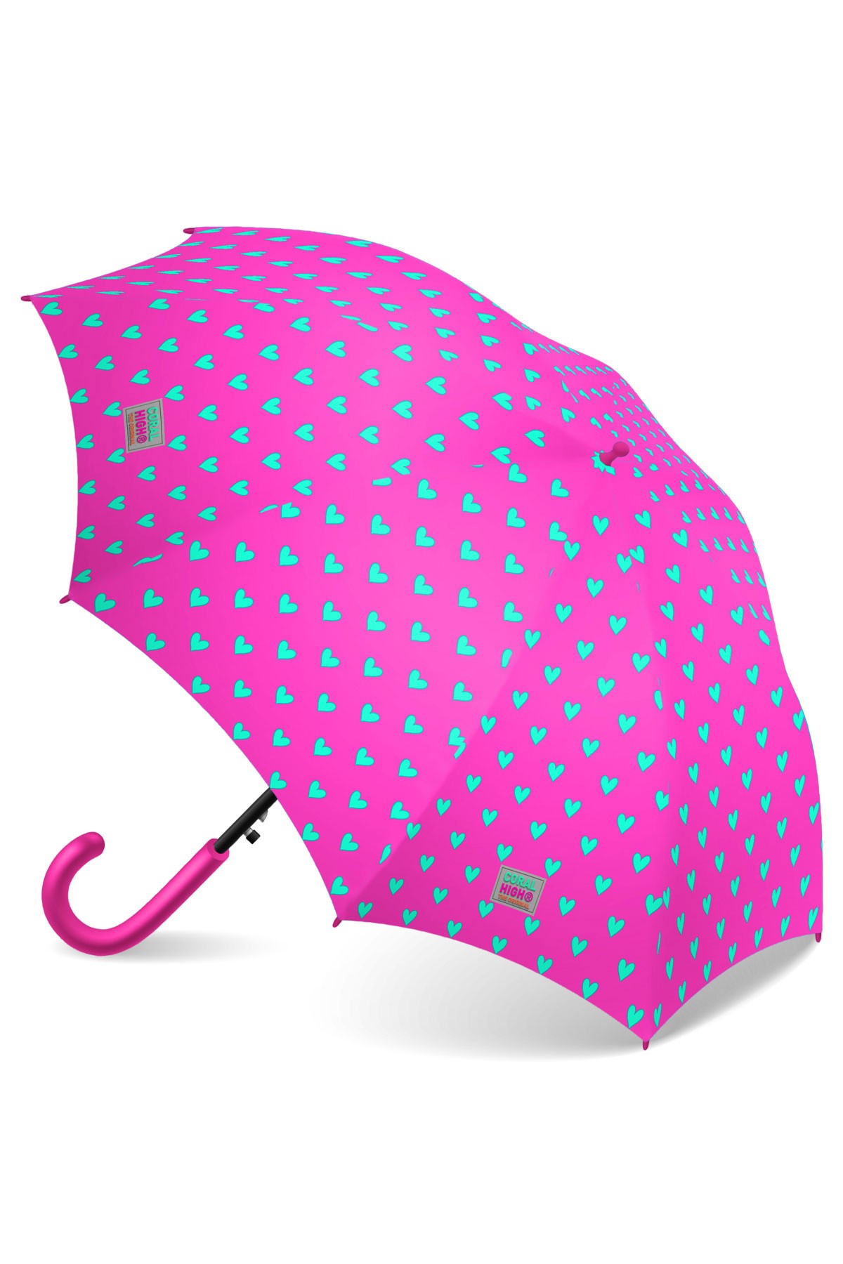 Coral High Kids Neon Pembe Su Yeşili Kalp Desenli Çocuk Şemsiyesi 12660