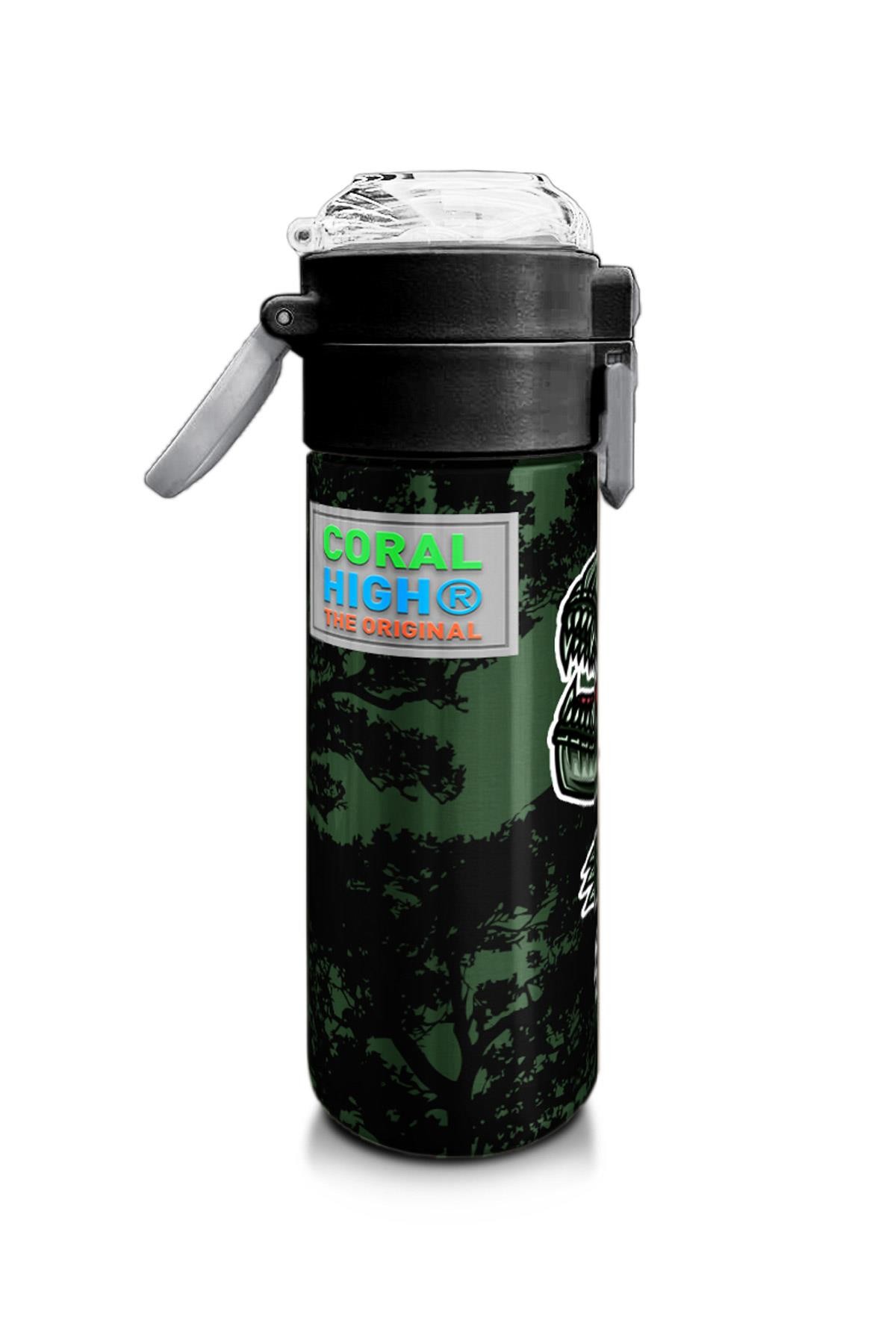 Coral High Kids Koyu Yeşil Siyah Dinozor Desenli Pipetli ve Direkt İçim Çelik Termos 500 ml 31934
