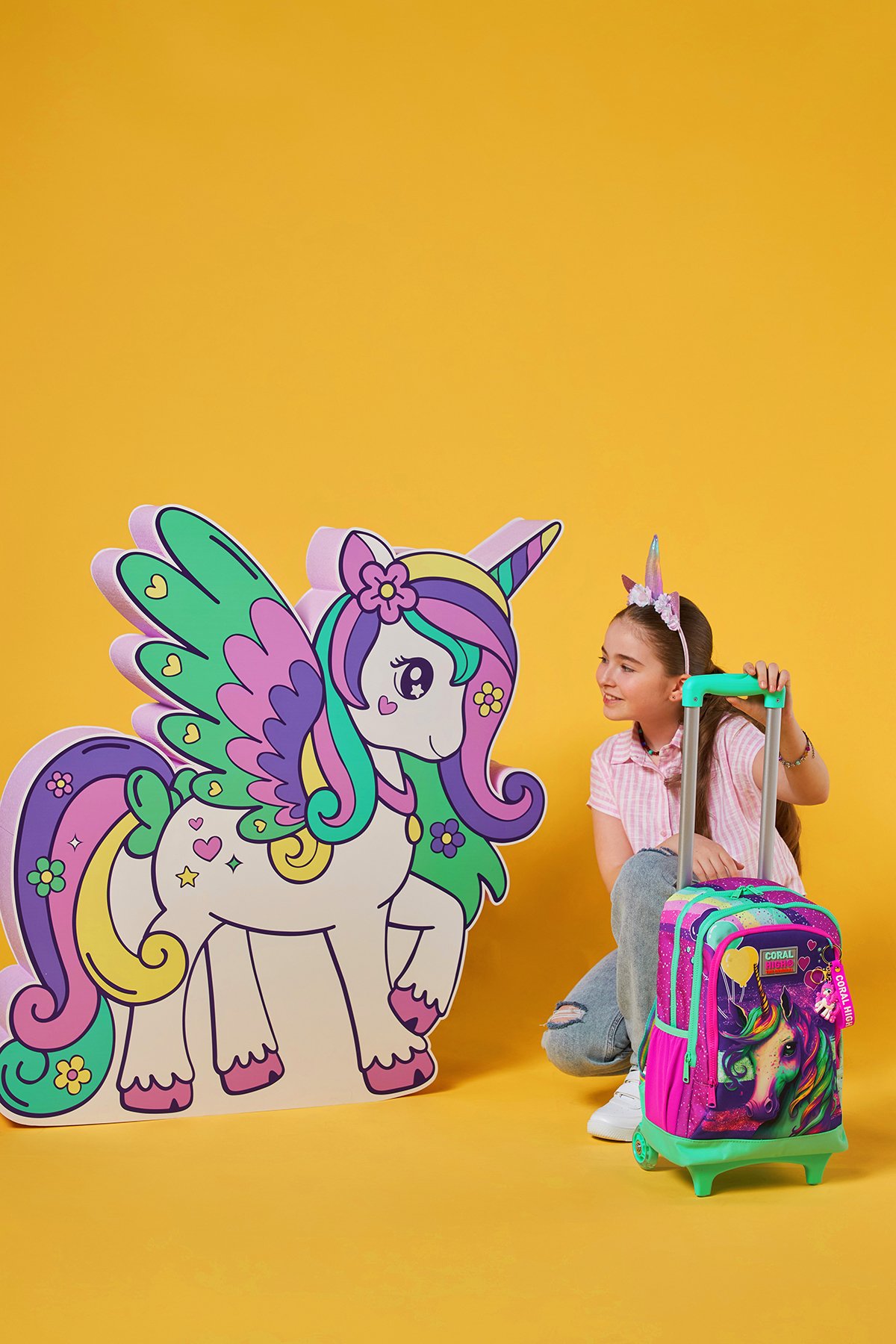 Coral High Kids Pembe Su Yeşili Unicorn Desenli Üç Bölmeli Çekçekli Okul Sırt Çantası 23958