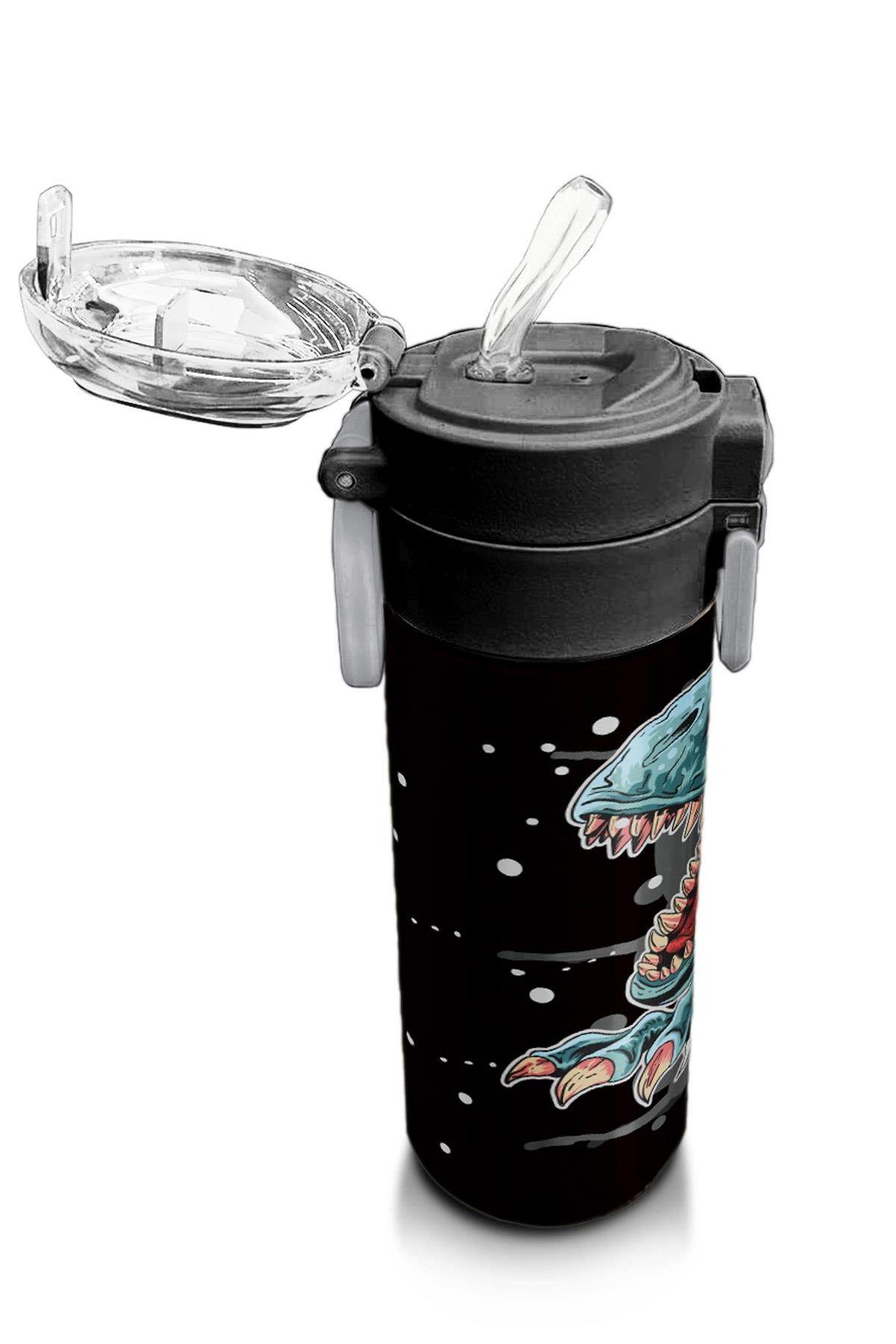 Coral High Kids Koyu Gri Siyah Dinozor Desenli Pipetli ve Direkt İçim Çelik Termos 500 ml 31822