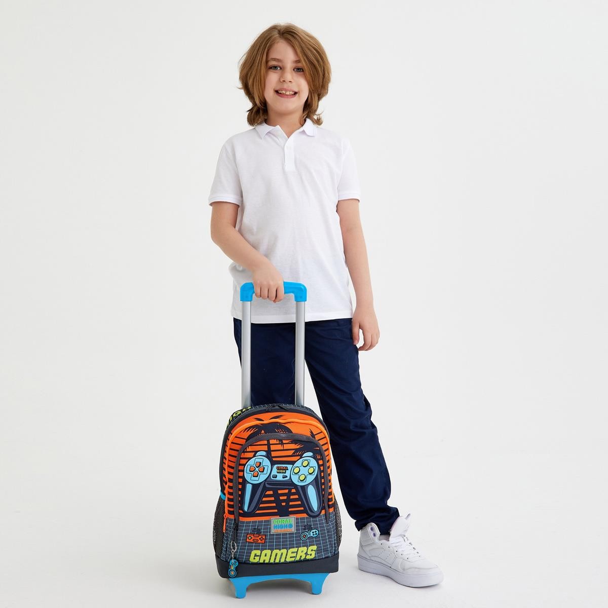 Coral High Kids Gri Turuncu Gamer Desenli Çekçekli 3'lü Çanta Seti SET0123946