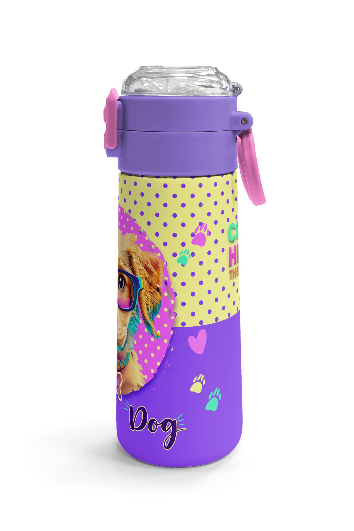 Coral High Kids Sarı Pembe Sevimli Köpek Desenli Pipetli ve Direkt İçim Çelik Termos 500 ml 31953