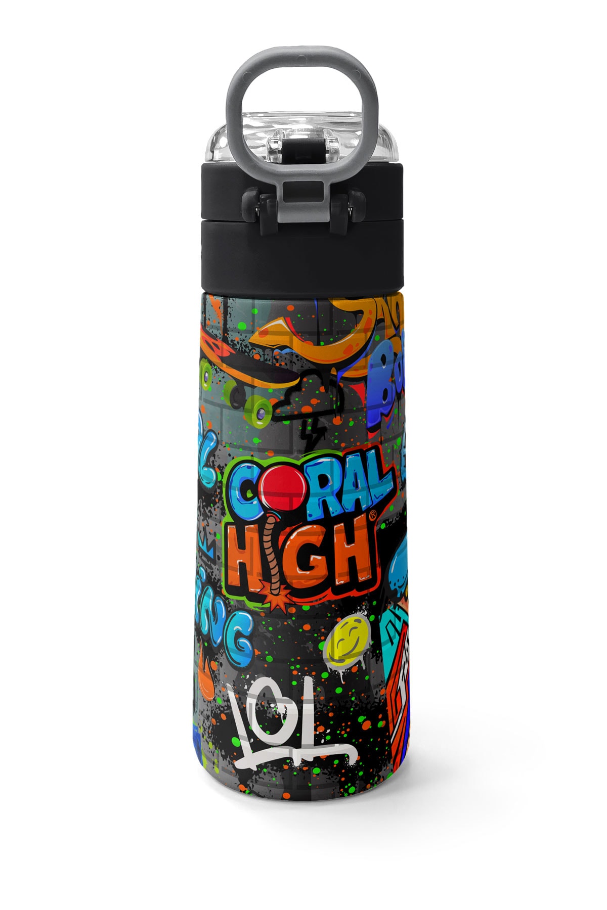 Coral High Kids Siyah Mavi Grafiti Desenli Pipetli ve Direkt İçim Çelik Termos 500 ml 31972