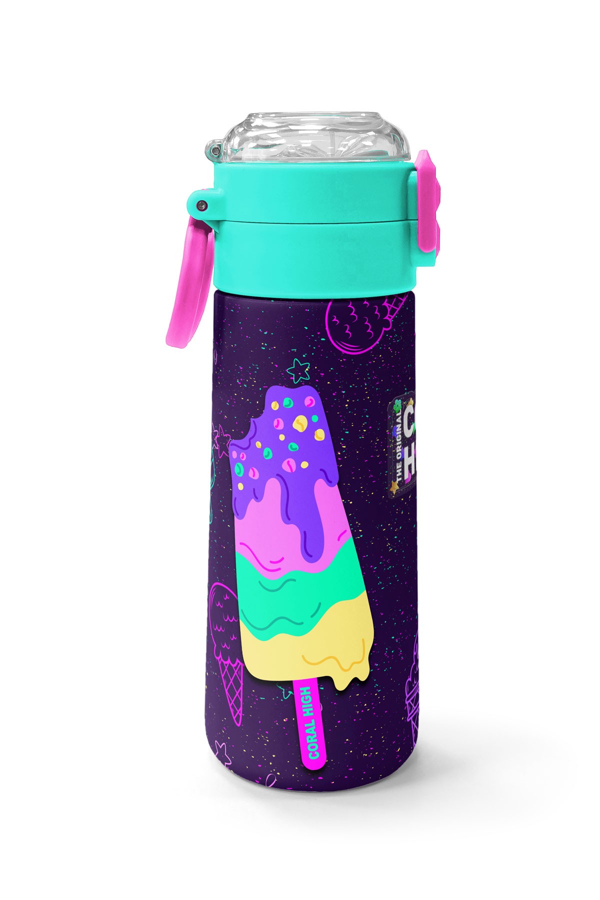 Coral High Kids Mor Pembe Dondurma Desenli Pipetli ve Direkt İçim Çelik Termos 500 ml 31980