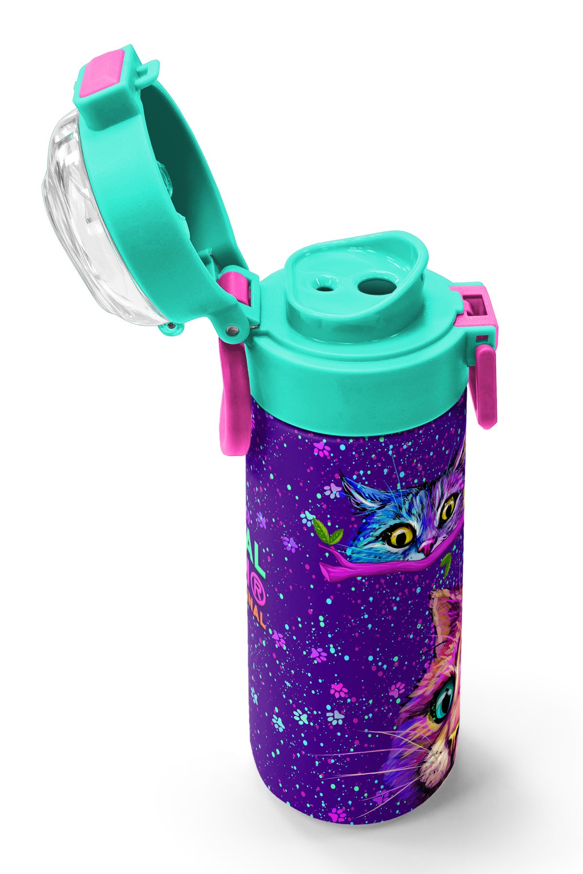 Coral High Kids Mor Pembe Kedi Desenli Pipetli ve Direkt İçim Çelik Termos 500 ml 31939