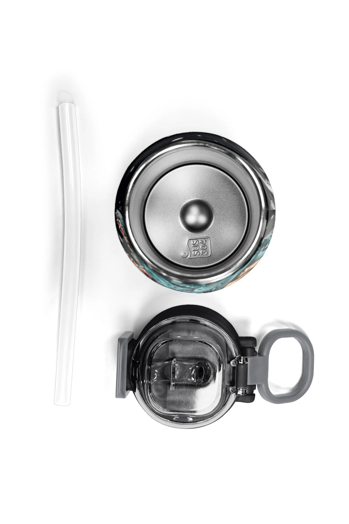 Coral High Kids Koyu Gri Siyah Dinozor Desenli Pipetli ve Direkt İçim Çelik Termos 500 ml 31822