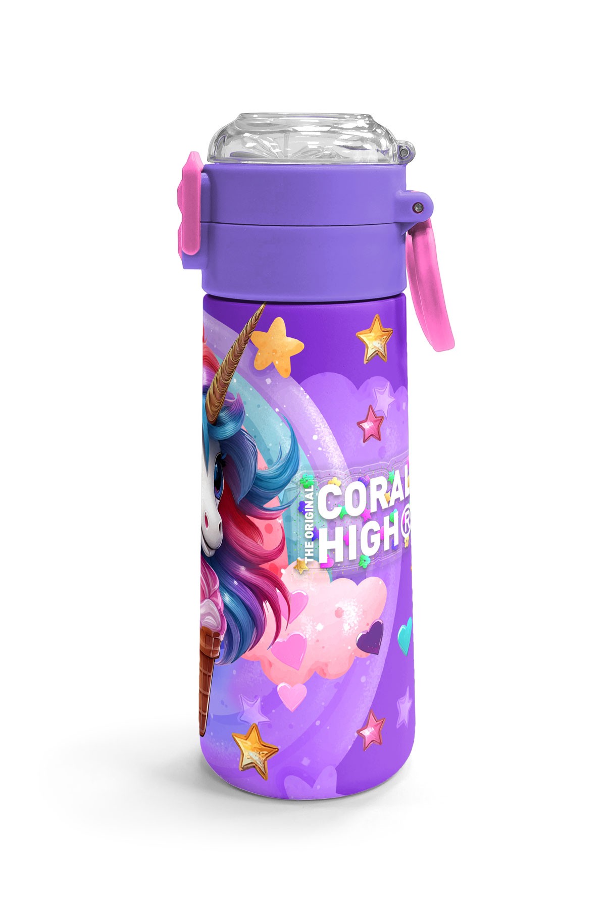 Coral High Kids Mor Pembe Unicorn Dondurma Desenli Pipetli ve Direkt İçim Çelik Termos 500 ml 31859