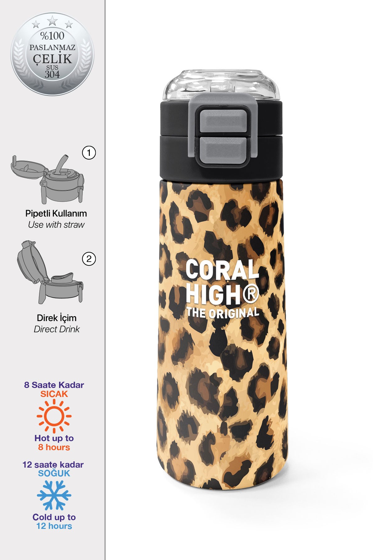Coral High Kids Kahverengi Leopar Desenli Pipetli ve Direkt İçim Çelik Termos 500 ml 31881