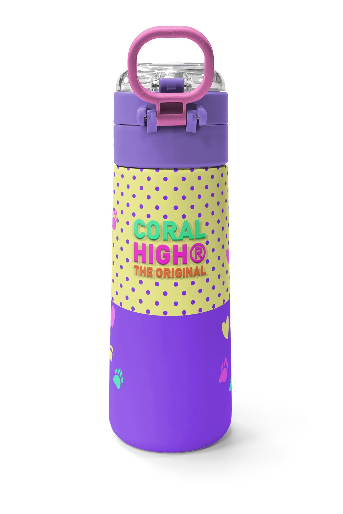 Coral High Kids Sarı Pembe Sevimli Köpek Desenli Pipetli ve Direkt İçim Çelik Termos 500 ml 31953