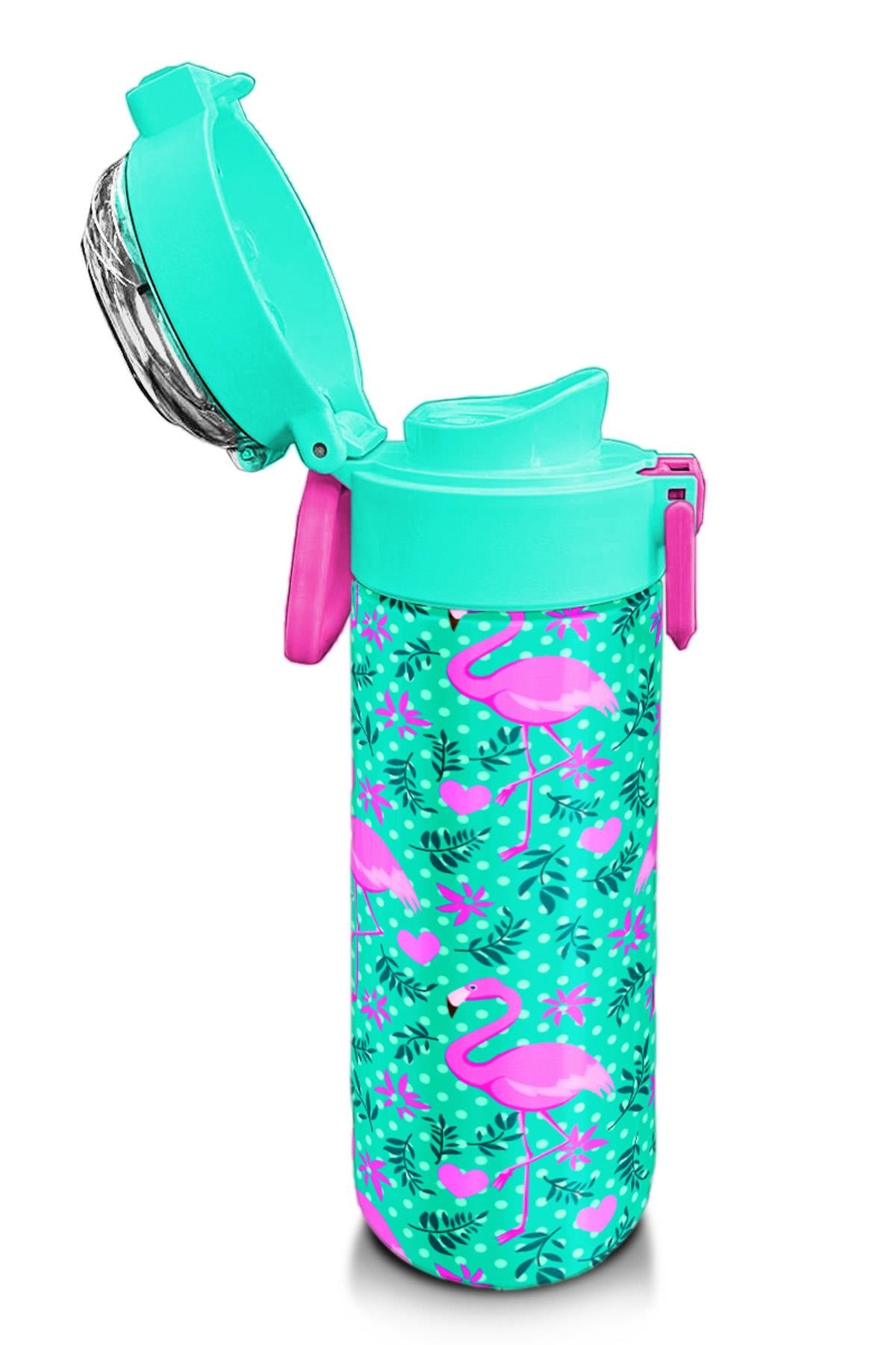 Coral High Kids Su Yeşili Pembe Flamingo Desenli Pipetli ve Direkt İçim Çelik Termos 500 ml 31926