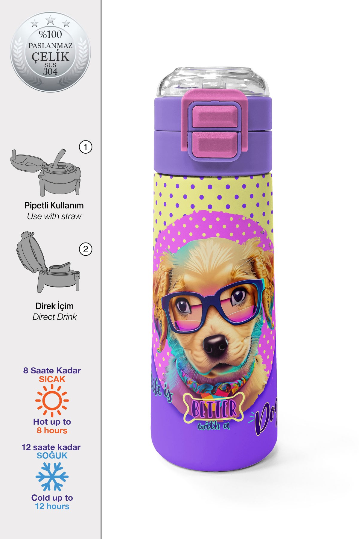 Coral High Kids Sarı Pembe Sevimli Köpek Desenli Pipetli ve Direkt İçim Çelik Termos 500 ml 31953