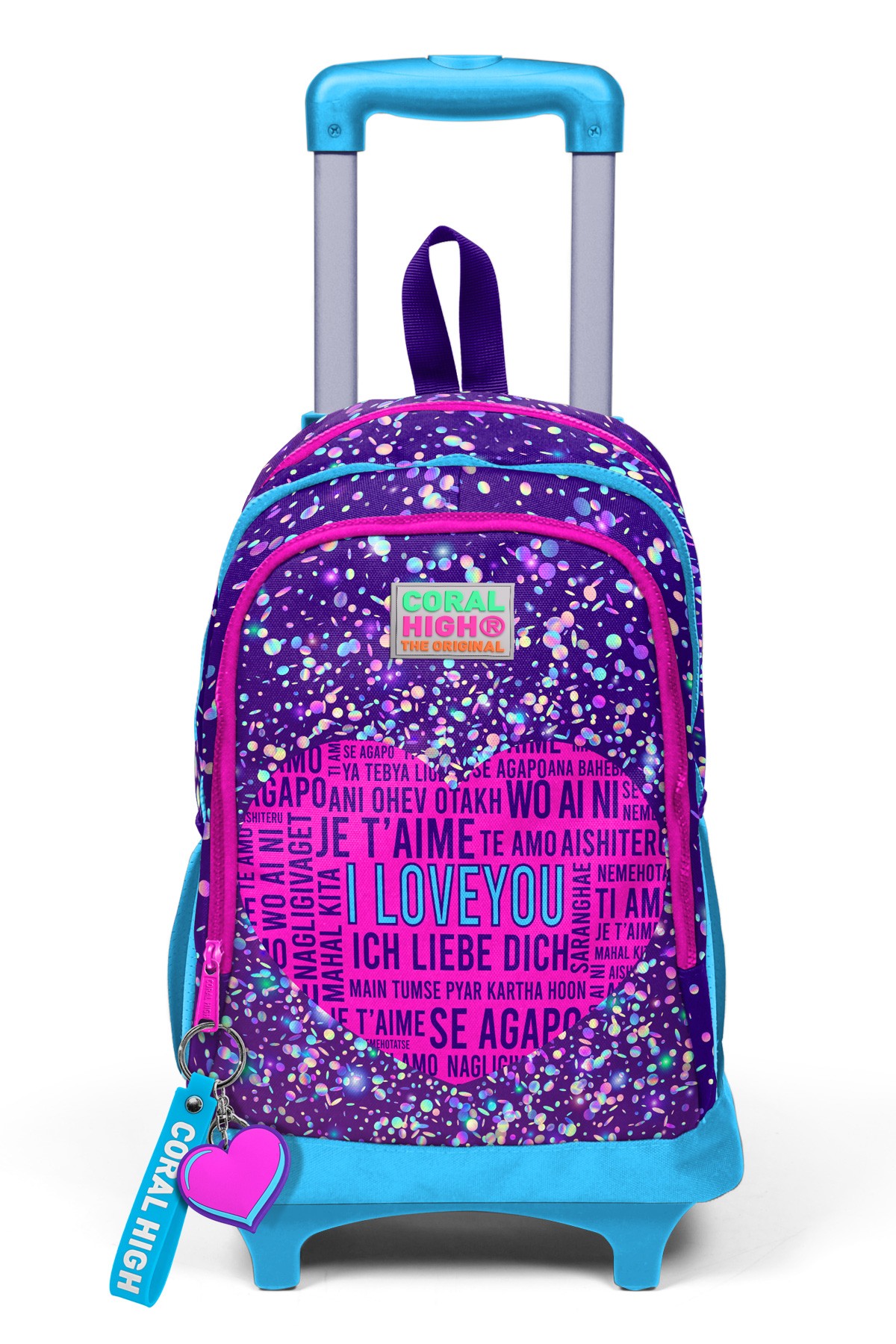 Coral High Kids Mor Mavi Pembe Kalp Desenli Üç Bölmeli Çekçekli Okul Sırt Çantası 23940