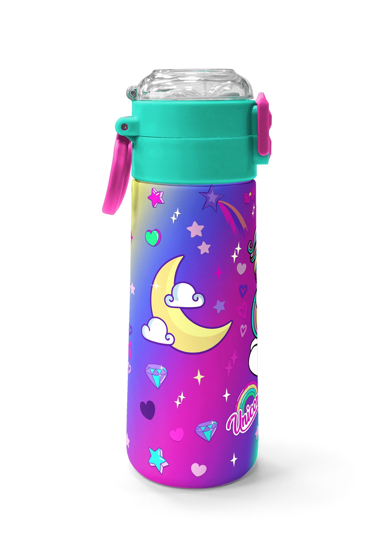 Coral High Kids Lavanta Su Yeşili Unicorn Desenli Pipetli ve Direkt İçim Çelik Termos 500 ml 31937
