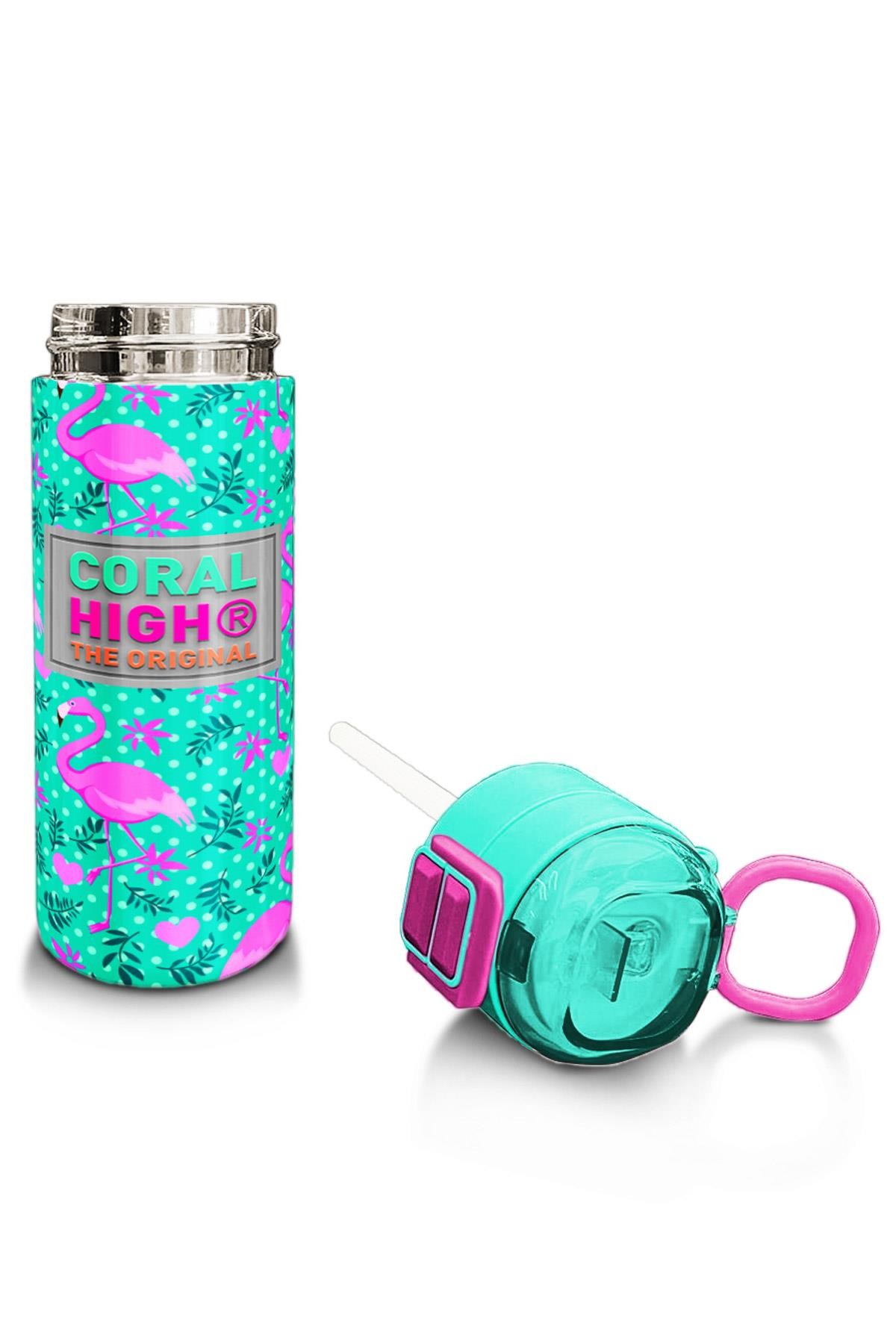 Coral High Kids Su Yeşili Pembe Flamingo Desenli Pipetli ve Direkt İçim Çelik Termos 500 ml 31926