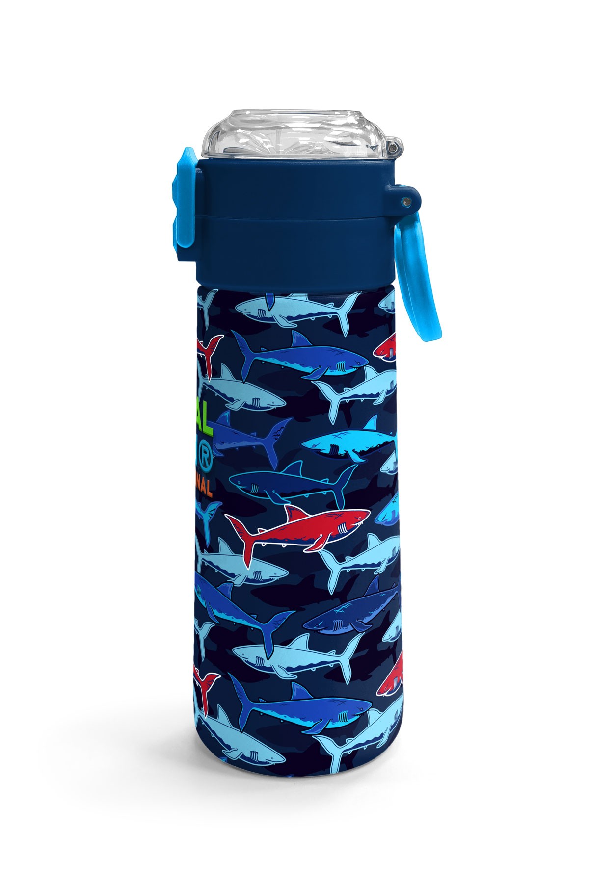 Coral High Kids Lacivert Kırmızı Köpek Balığı Desenli Pipetli ve Direkt İçim Çelik Termos 500 ml 31930