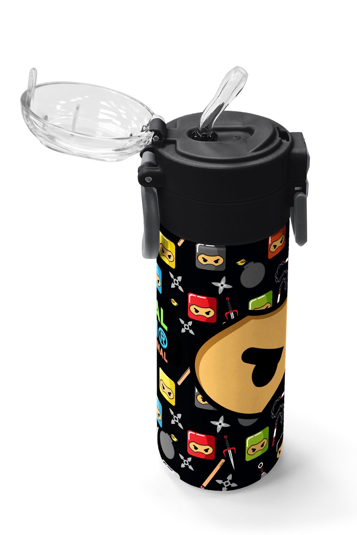 Coral High Kids Siyah Ninja Desenli Pipetli ve Direkt İçim Çelik Termos 500 ml 31919