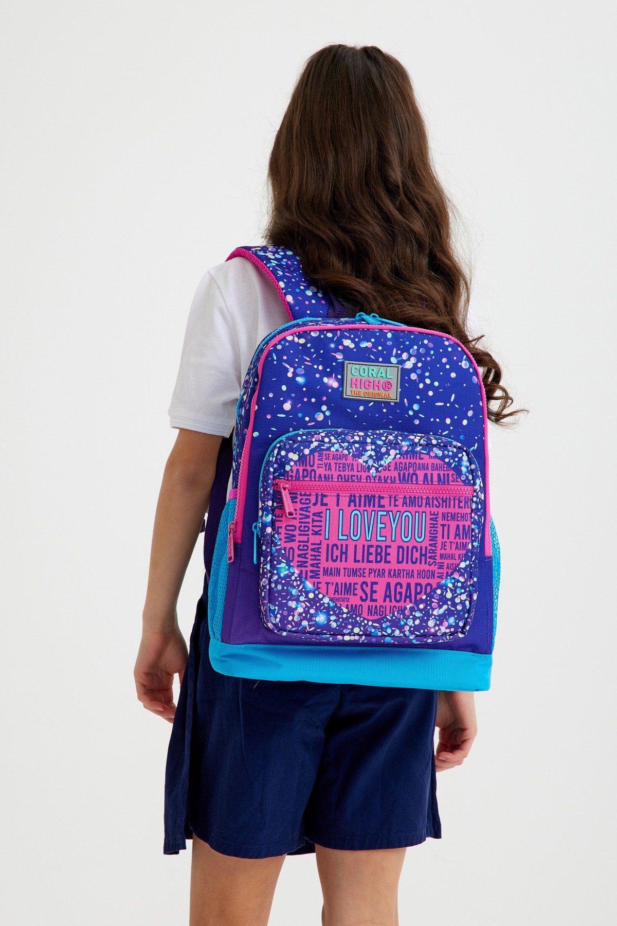 Coral High Kids Mor Mavi Pembe Kalp Desenli Dört Bölmeli Okul Sırt Çantası 23740