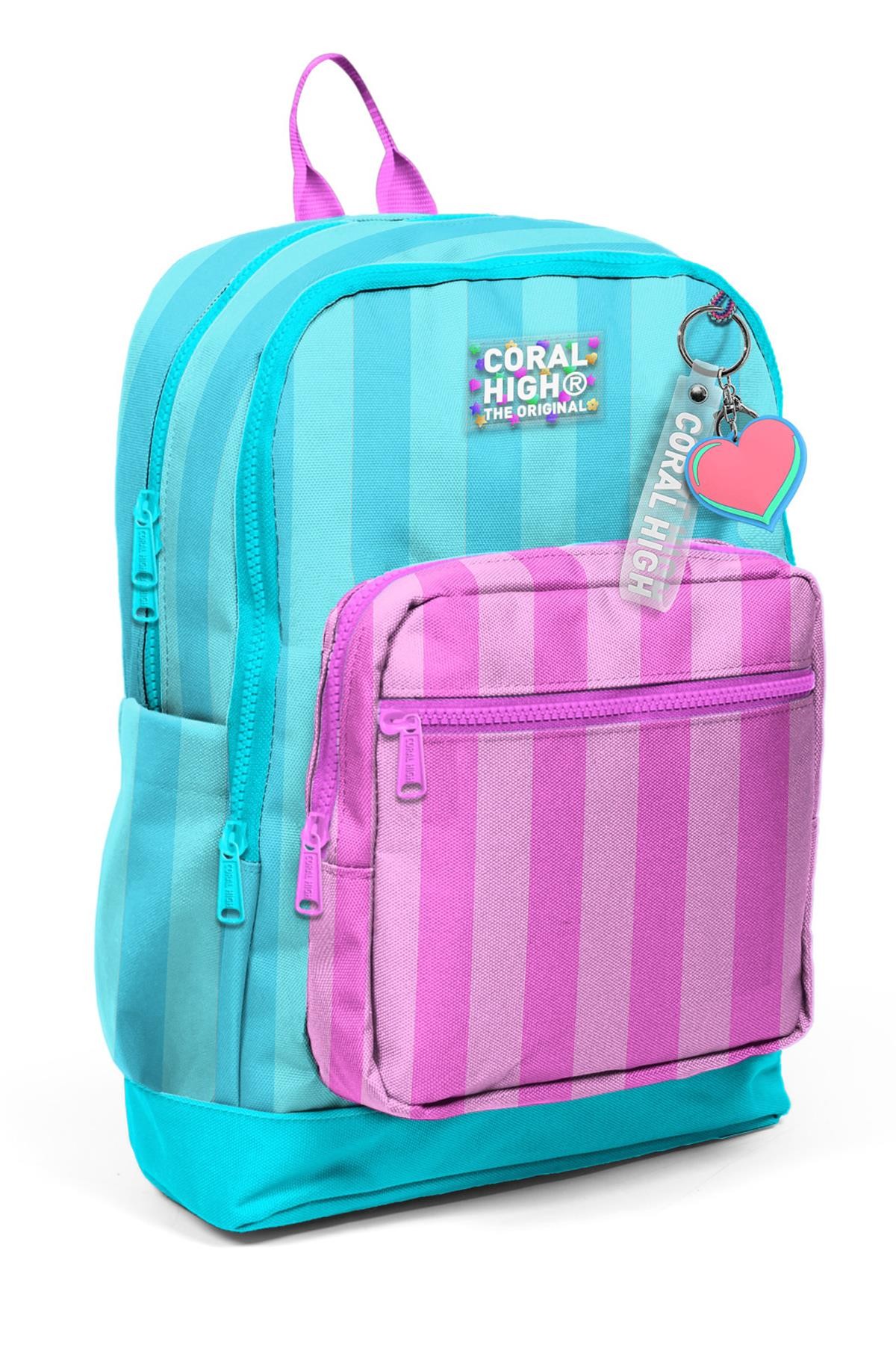 Coral High Kids Turkuaz Pembe Çizgili Dört Bölmeli Okul Sırt Çantası 23771