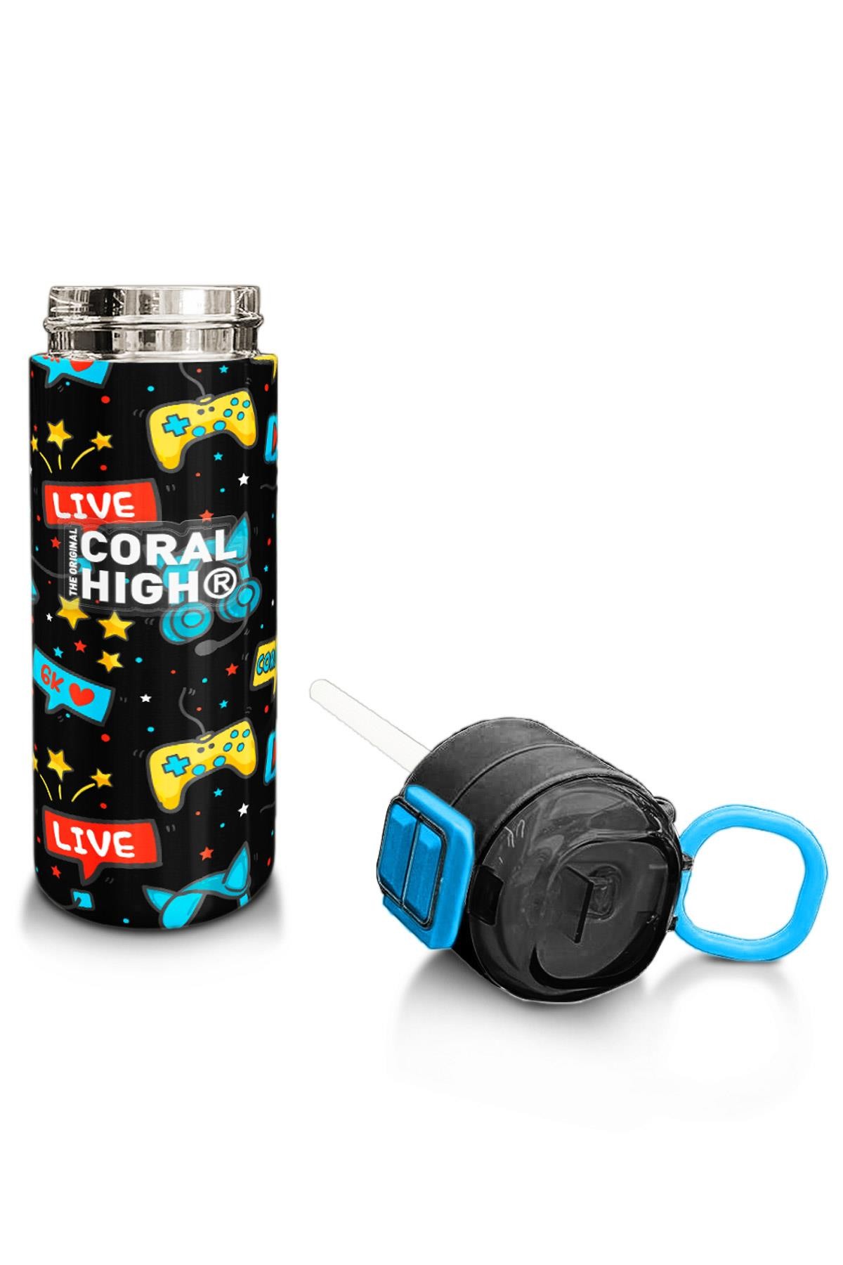 Coral High Kids Siyah Mavi Gamer Desenli Pipetli ve Direkt İçim Çelik Termos 500 ml 31984