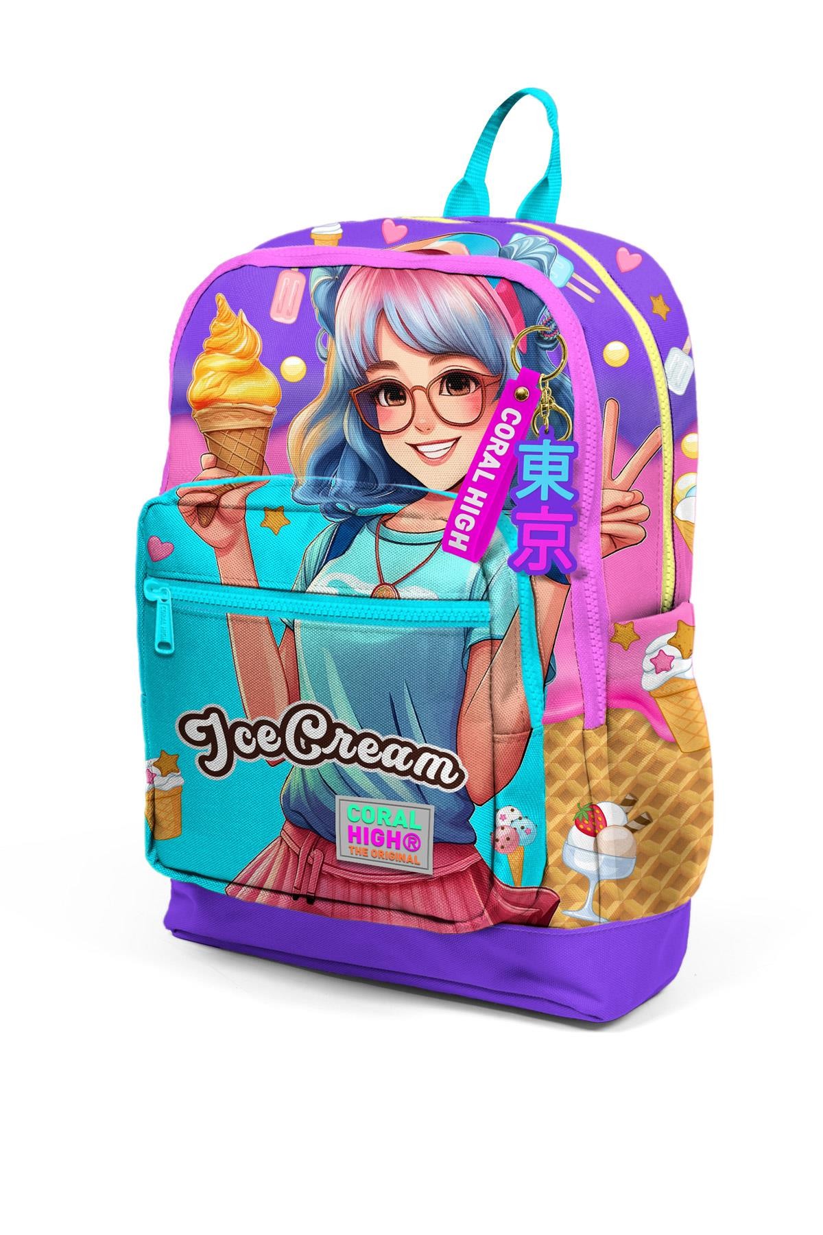 Coral High Kids Lila Turkuaz Dondurma ve Anime Desenli Dört Bölmeli Okul Sırt Çantası 23773