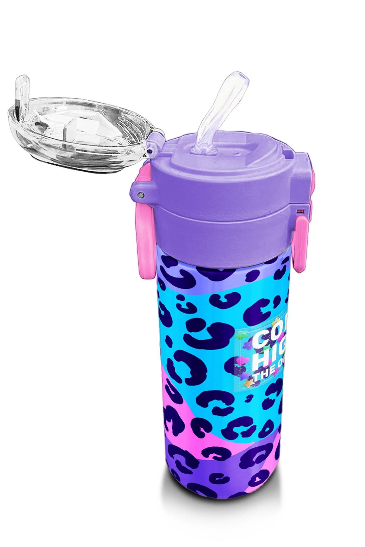 Coral High Kids Mor Leopar Desenli Pipetli ve Direkt İçim Çelik Termos 500 ml 31846