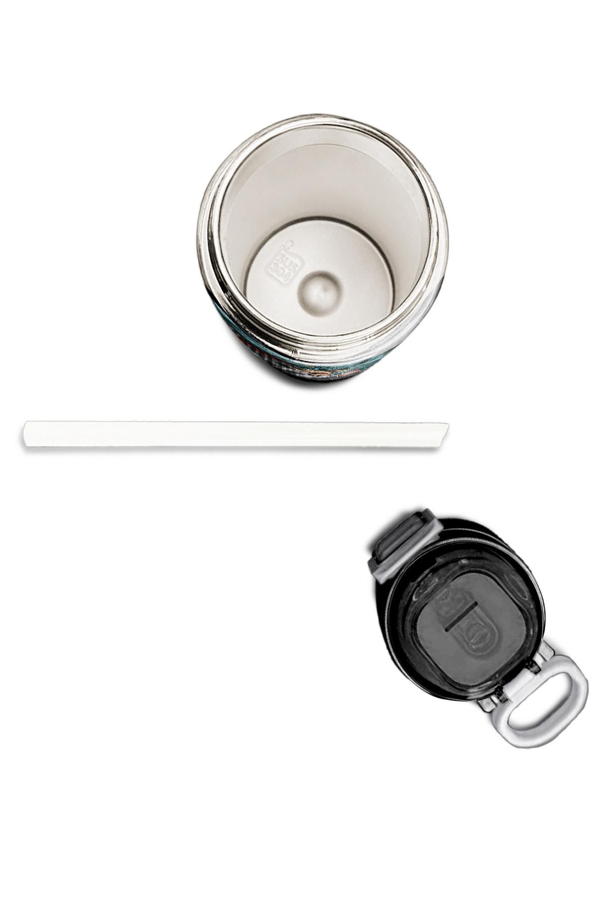 Coral High Kids Koyu Gri Siyah Dinozor Desenli Pipetli ve Direkt İçim Çelik Termos 500 ml 31822