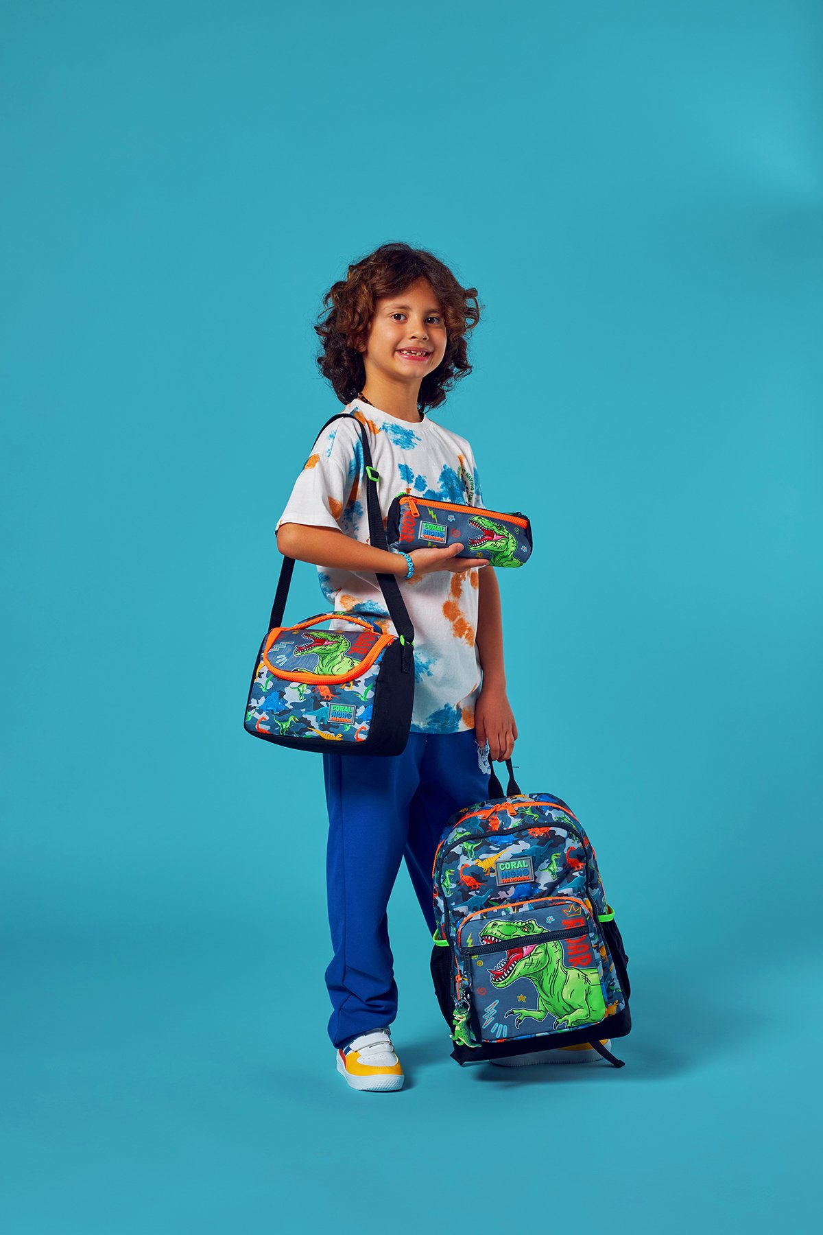 Coral High Kids Siyah Gri Dinozor Desenli  3’lü Okul Çanta Seti SET0123744