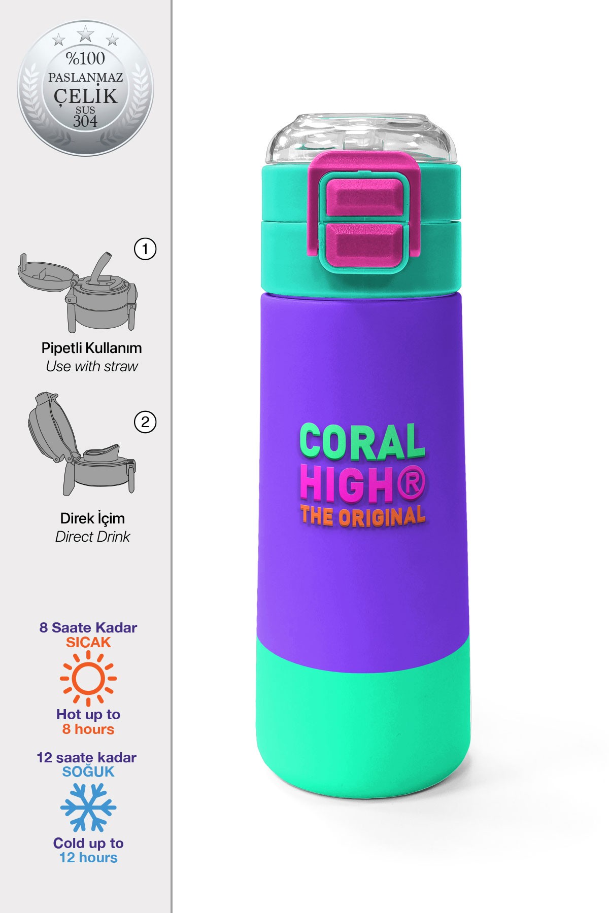 Coral High Kids Mor Renk Detaylı Desenli Pipetli ve Direkt İçim Çelik Termos 500 ml 31941