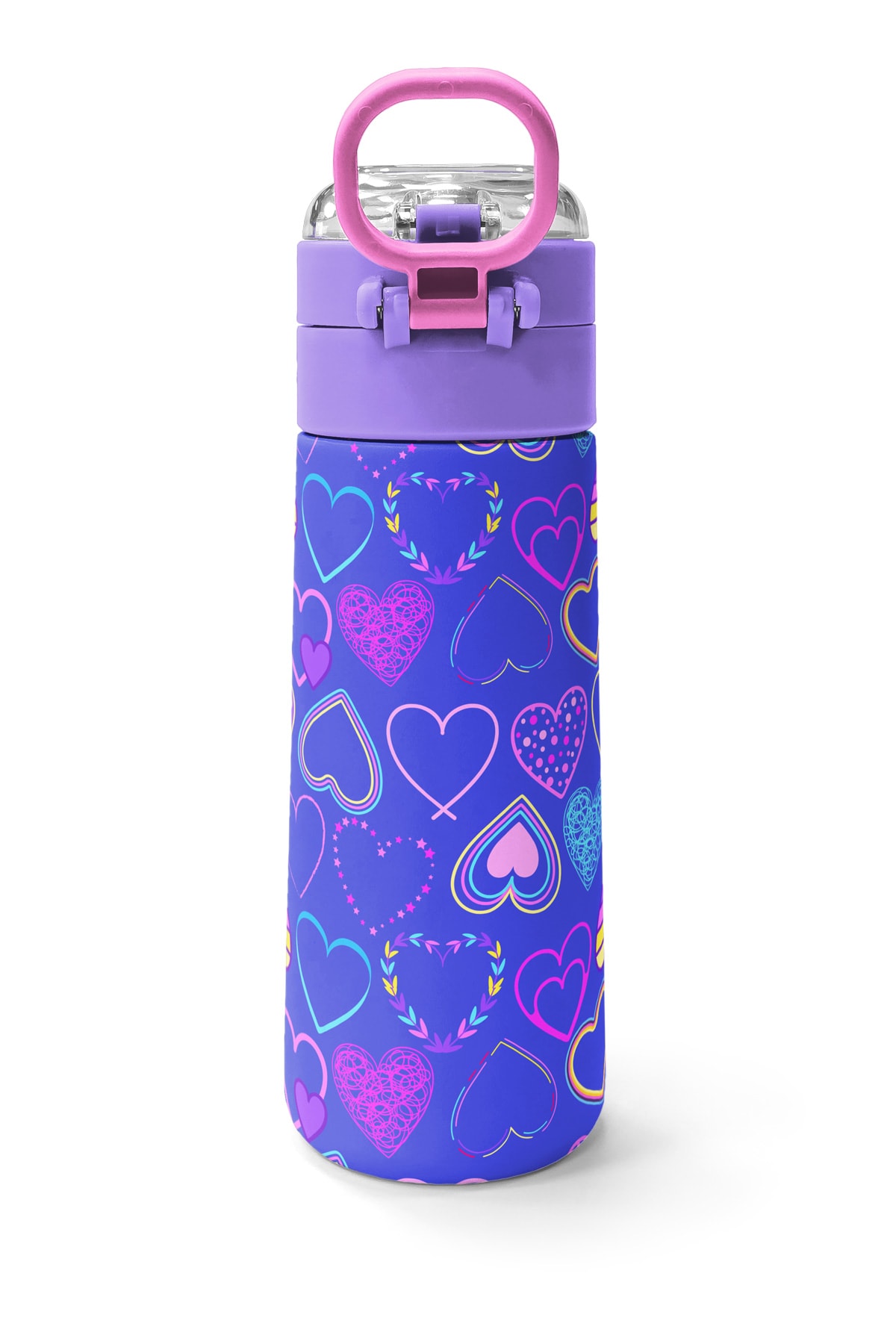 Coral High Kids Açık Pembe Lavanta Kalp Desenli Pipetli ve Direkt İçim Çelik Termos 500 ml 31977