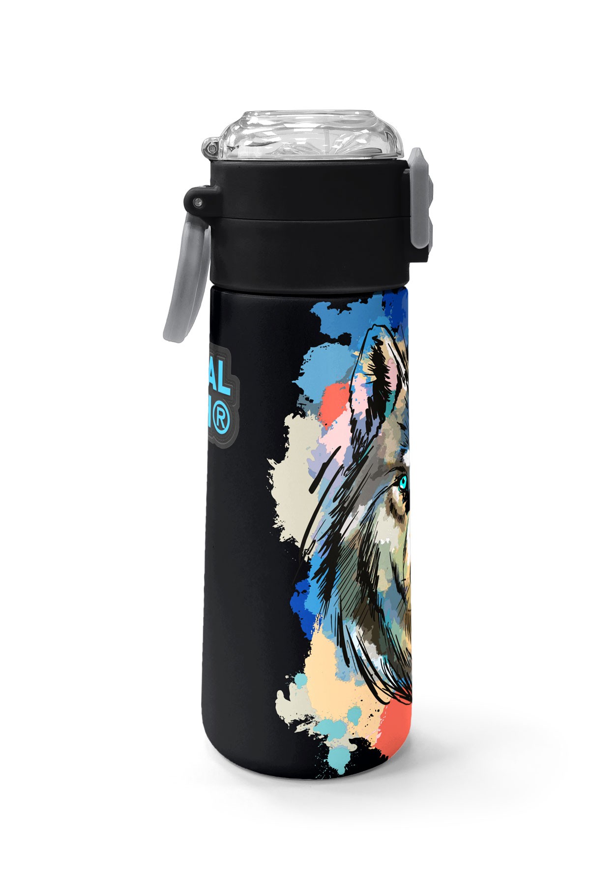 Coral High Kids Gri Siyah Kurt Desenli Pipetli ve Direkt İçim Çelik Termos 500 ml 31832