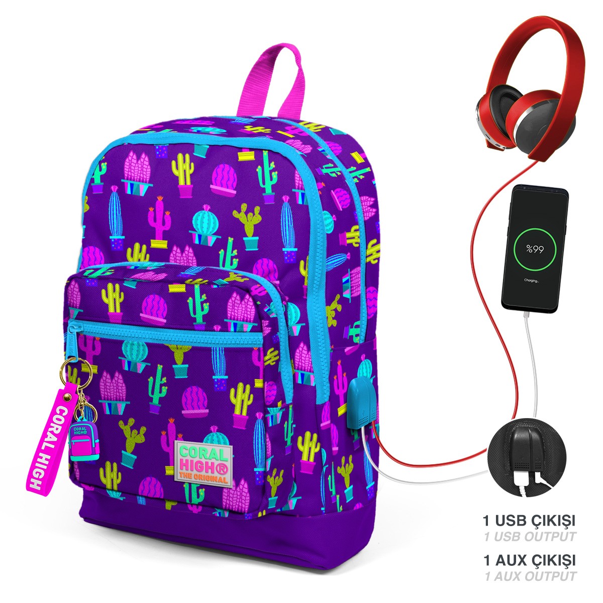 Coral High Kids Mor Pembe Kaktüs Desenli Dört Bölmeli USB'li Okul Sırt Çantası 23273