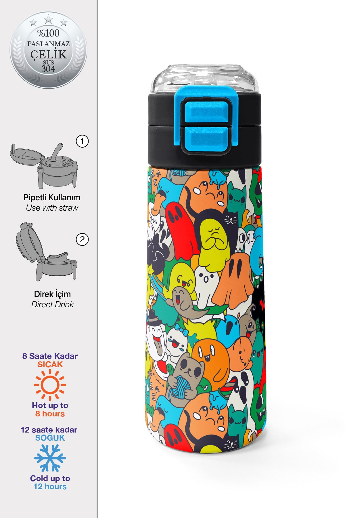 Coral High Kids Siyah Karikatür Çizgili Desenli Pipetli ve Direkt İçim Çelik Termos 500 ml 31990