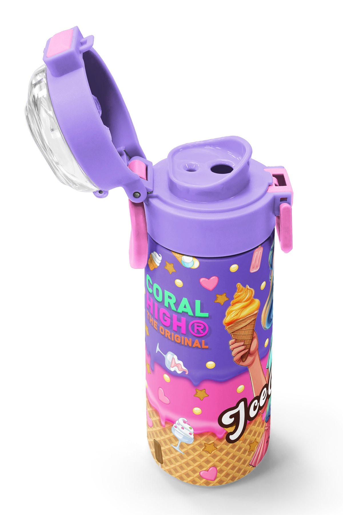 Coral High Kids Pembe Turkuaz K-Pop Desenli Pipetli ve Direkt İçim Çelik Termos 500 ml 31989