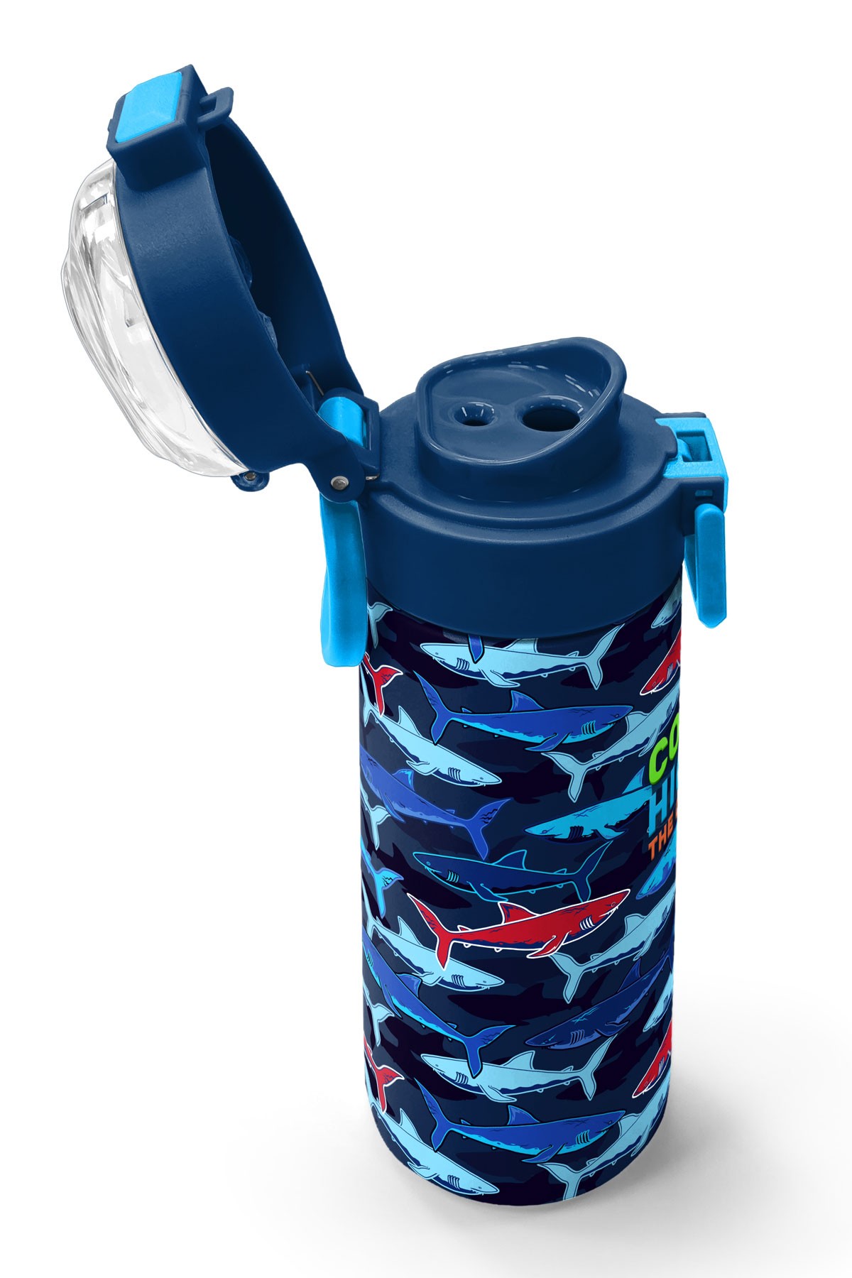 Coral High Kids Lacivert Kırmızı Köpek Balığı Desenli Pipetli ve Direkt İçim Çelik Termos 500 ml 31930