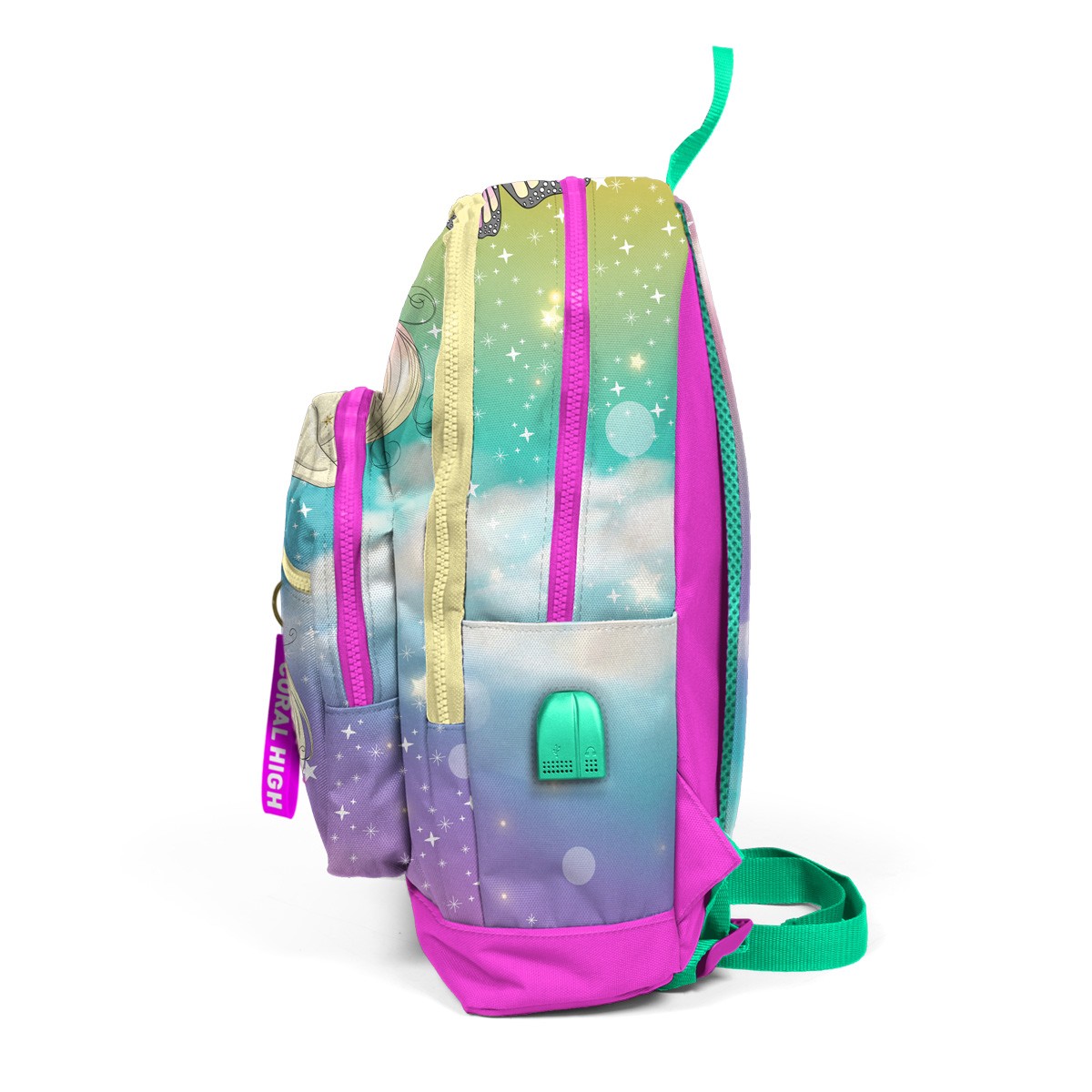 Coral High Kids Pembe Su Yeşili Unicornlu Kız Desenli Dört Bölmeli USB'li Okul Sırt Çantası 23833