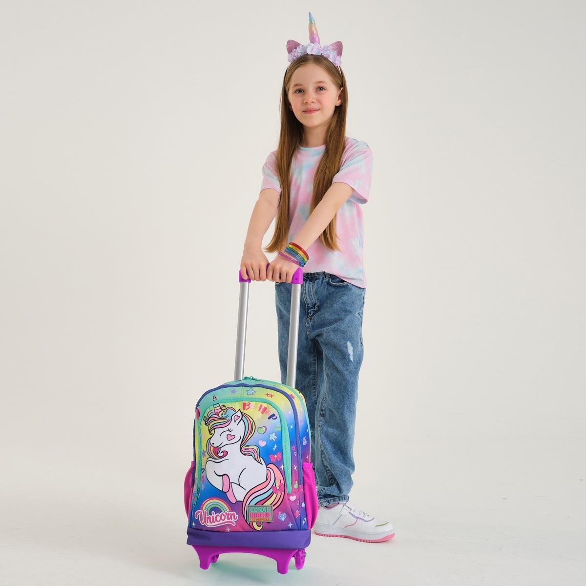 Coral High Kids Lavanta Su Yeşili Unicorn Desenli Çekçekli 3'lü Çanta Seti SET0123929