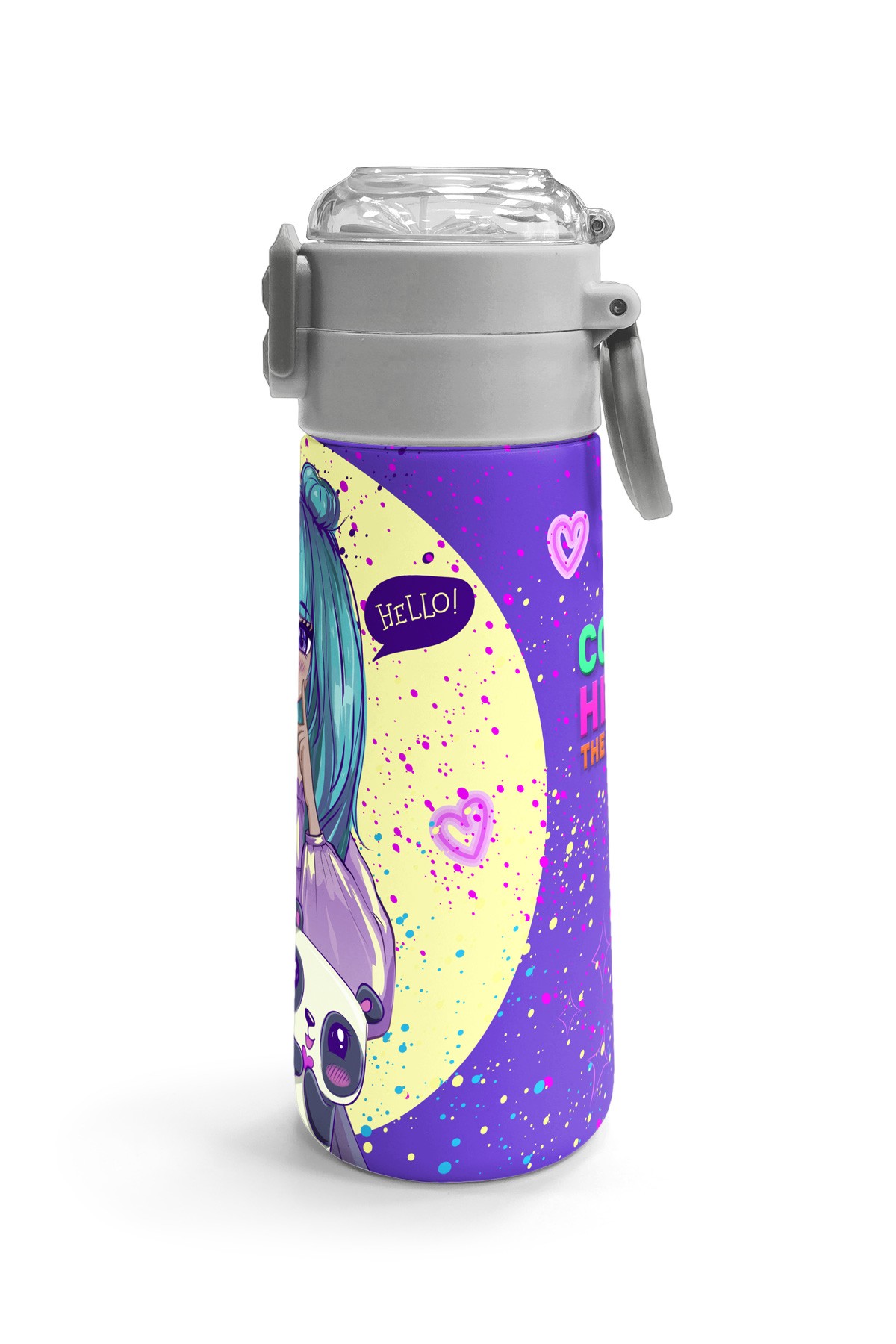 Coral High Kids Mor Pembe Anime Kız Desenli Pipetli ve Direkt İçim Çelik Termos 500 ml 31942