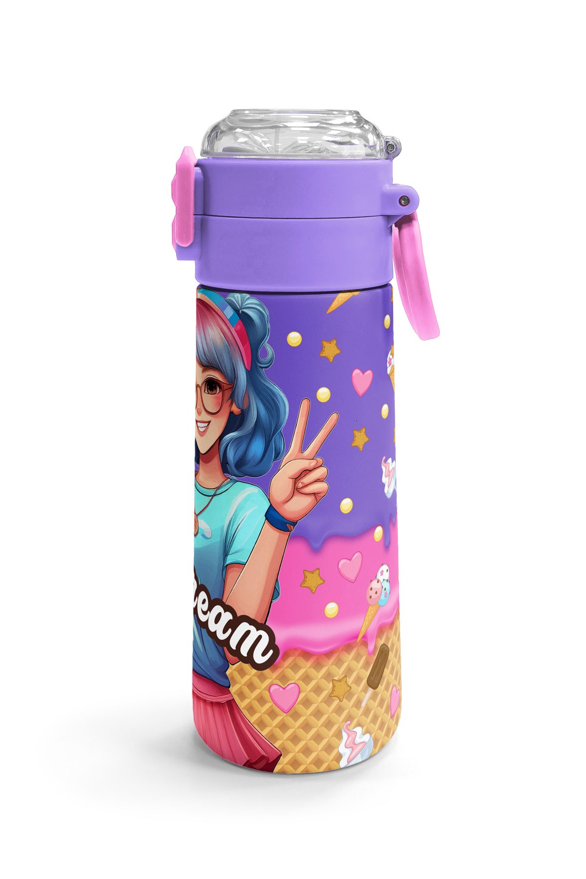 Coral High Kids Pembe Turkuaz K-Pop Desenli Pipetli ve Direkt İçim Çelik Termos 500 ml 31989